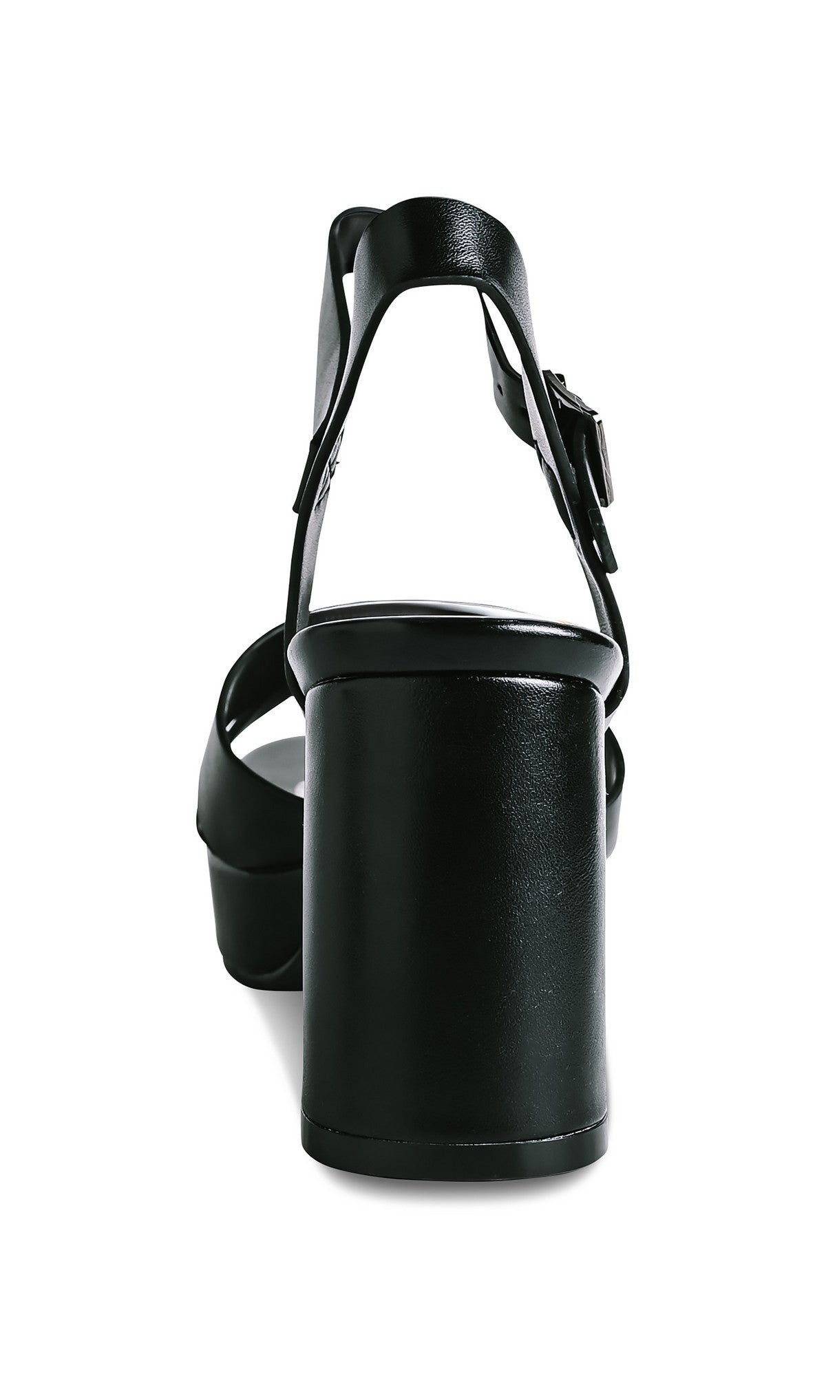 Rear view of Toby Black Prom Shoes: Touch Ups 4765, featuring a block heel, ankle strap with buckle, and sleek faux leather, set against a white background.